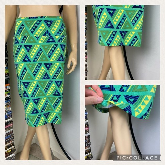LuLaRoe Cassie L Green Yellow Blue Geometric Pattern Pencil Skirt NWT - Picture 12 of 13